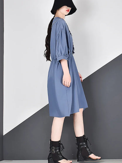 XITAO Tide Pleated Plus Size Elegant Dress Women Clothes Summer New Loose Casual Sailor Collar Casual Dress Top ZLL5296