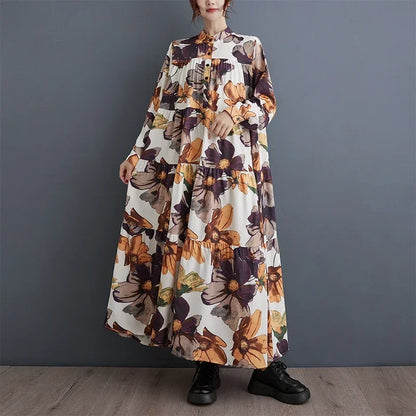 XITAO Print Patchwork Single Breasted Dresses Stand Collar Pullover Loose Slimming Long Sleeve Vintage Dresses Spring DMJ3615