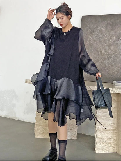 XITAO Casual A-line Solid Color O-neck Full Sleeve Dress Irregular Grace Fashion Slimming Ruffles Autumn Women Dress HQQ2416