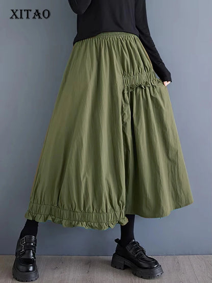 XITAO Casual A-line Solid Color Mid-calf Loose Skirt Patchwork Elastic Waist Fashion Irregular Autumn Women Skirt GMM1108