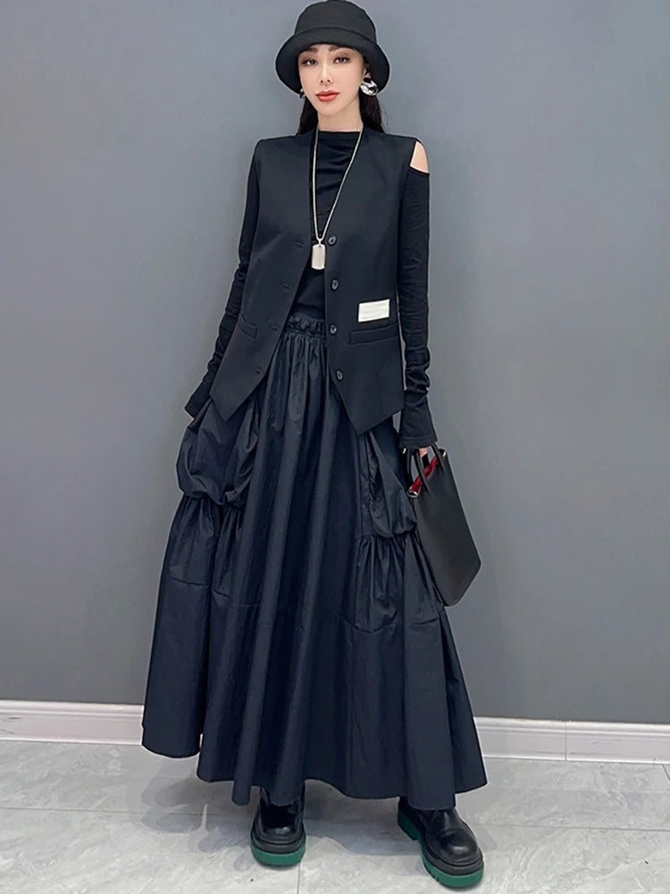 XITAO Big Pocket Elastic Waist A-line Skirt Pleated Solid Color Fashion Loose Street Trendy 2024 Spring Women Skirt DMJ3981