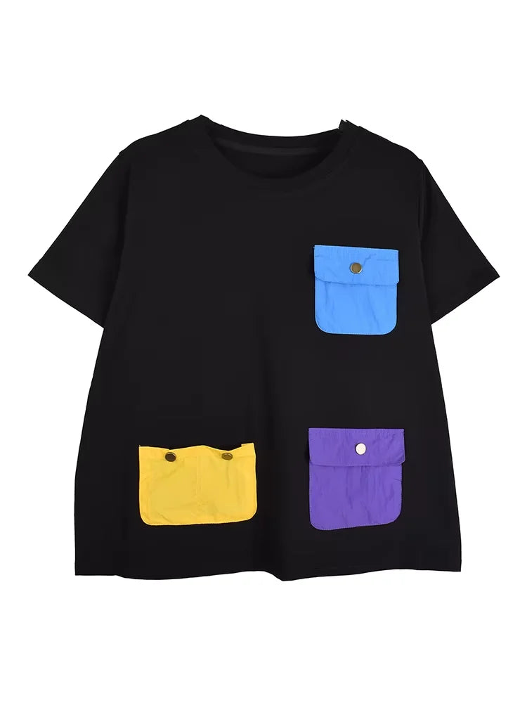 XITAO Pocket Patchwork Contrast Color T-Shirts O-neck Pullover Short Sleeve Casual All Match Slimming Loose T-Shirts ZY8922