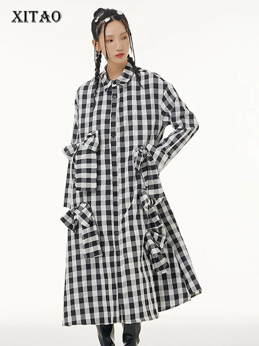 XITAO Patchwork Bow Single Breasted Plaid Loose Dress 2024 Spring New Casual Fashion Temperament All Match Show Thin WLD13002