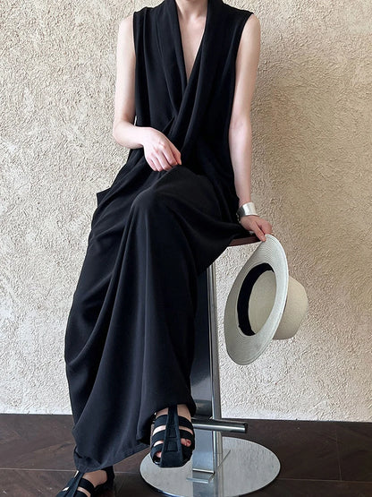 XITAO Solid Color Temperament Sleeveless Female Dress Deep V-neck Folds Casual Loose Long Dress Summer New Women GJ1066