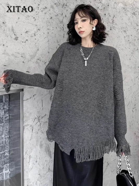 XITAO Irregular Hole Solid Color Female Sweater O-neck Full Sleeve Loose Casual Hollow Out Knitting Women Sweater New ZYY1026