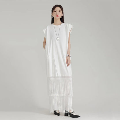 XITAO Tassel Patchwork Sleeveless Dress Pocket Solid Color O-neck Pullover Loose Ankle-length Dress 2024 Summer Casual ZY8819