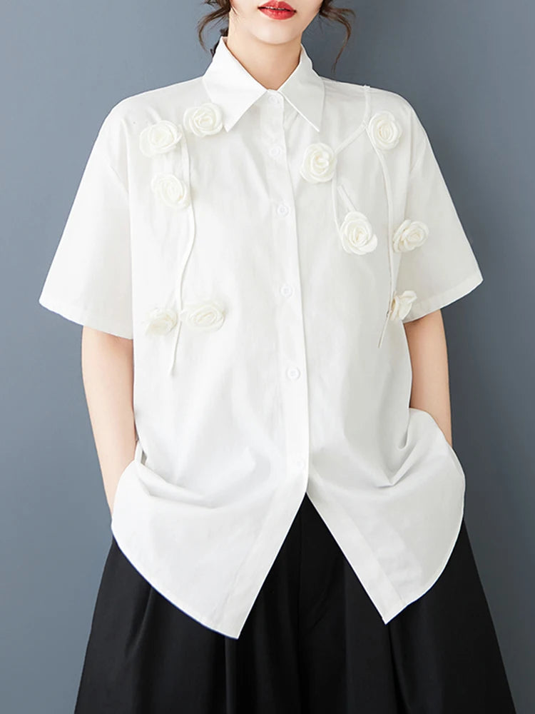 XITAO Three-dimensional Patchwork Shirt Solid Color Flower Turn-down Collar Single Breasted Short Sleeve Loose Blouse HQQ2433