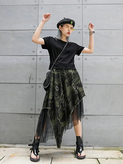 XITAO Pleated Leopard Lace Midi Skirt Women Irregular Print Pole Wild Joker Summer Punk Style Korea Fashion New  XJ1689