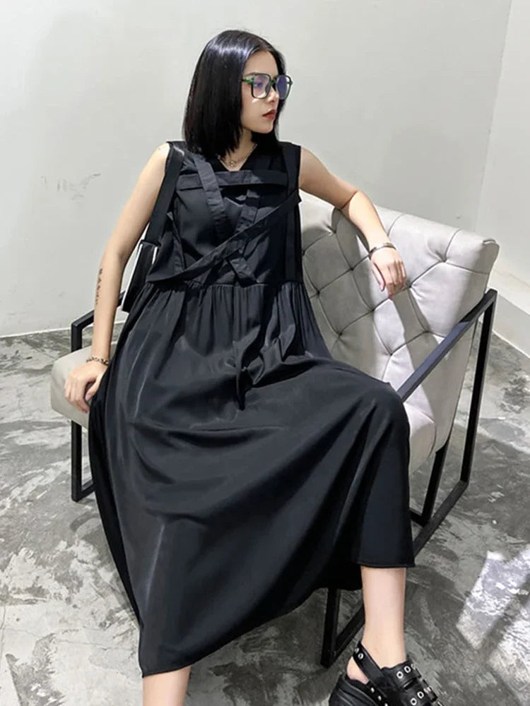 XITAO Black Sleeveless Dress Fashion New Women Summer Pleated Goddess Fan Casual Style Loose Dress ZP1590