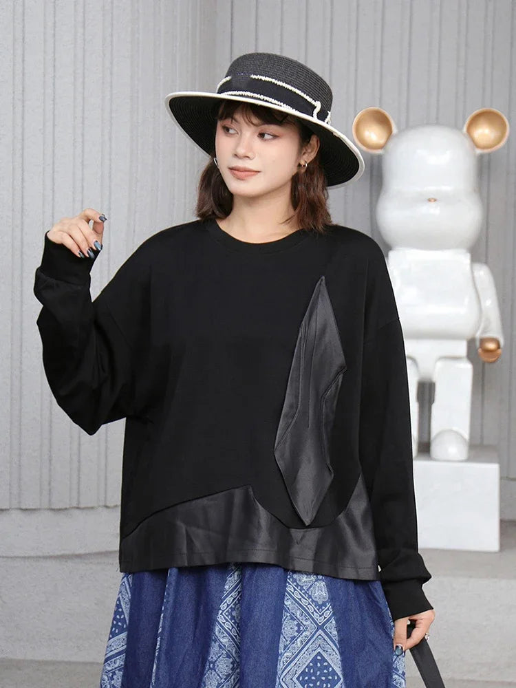 XITAO Black Patchwork Long Sleeve O-neck T-Shirts Loose Pullover Slimming All Match Casual Tops 2024 Autumn Fashion New GJ1091