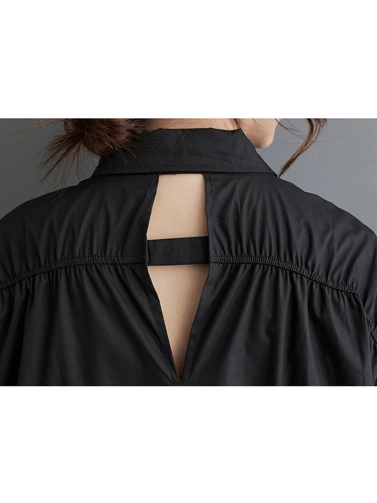 XITAO Casual Shirt Dress Hollow Out Folds Long Sleeve Dress Loose Fashion Simplicity Solid Color Turn-down Collar Women ZY8653