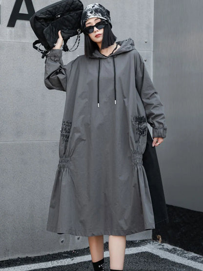 XITAO Loose Casual Pullover Mid-calf Women Dress Patchwork Hooded New Arrival Fold Fashion Long Sleeve A-line Dress ZYY1003