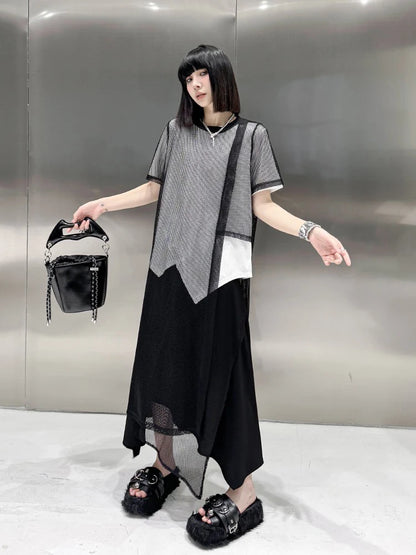 XITAO Asymmetrical Grid O-neck Pullover Dresses Solid Color Short Sleeve T-shirts Loose Fashion All Match 2024 Summer DMJ4116