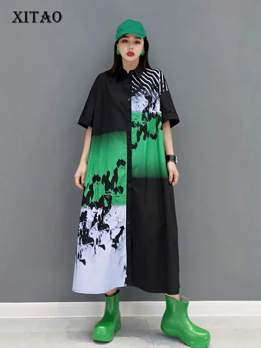 XITAO Casual Print Shirt Dress Asymmetrical Contrast Color Splicing Simplicity Turn-down Collar Women New 2024 Summer WMD4675