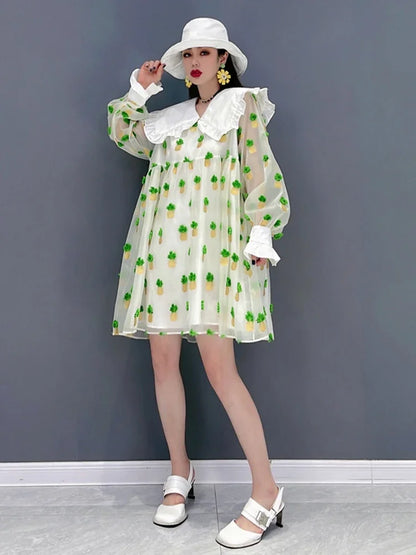 XITAO Patchwork Print Dress Women Korea Summer New Personality Fashion Loose Peter Pan Collar Full Sleeve Dress WMD5363