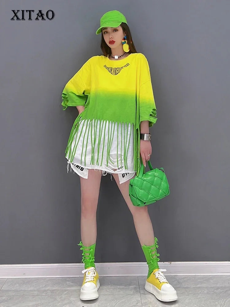 XITAO Patchwork Tassel T-Shirt Women Korea Summer New Personality Fashion Loose O-neck Three Quarter Sleeves T-Shirt ZY6822