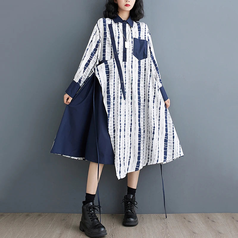 XITAO Loose Asymmetric Print Shirt Dress Fashion Contrast Color Patchwork Women Autumn New Trend Striped Irregular Dress DMJ4164