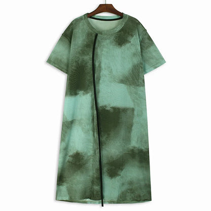 XITAO Tie Dye Perspective Mesh Slit Female Dress Personality Casual T-shirt Dress 2024 Summer New Street Trendy Women WLD20248