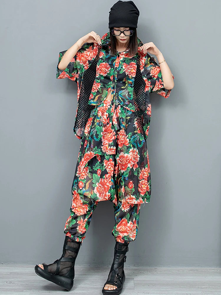 XITAO Hooded Out Women Pant Sets Personality Patchwork Big Flower Print Irregular Top Pants Two Pieces Sets Street Trendy ZY8691