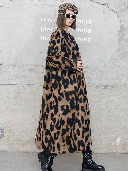 XITAO Leopard Women Blends Contrast Color Splicing Simplicity Temperament V-neck Fashion Autumn Winter 2024 New Coat HJF10107