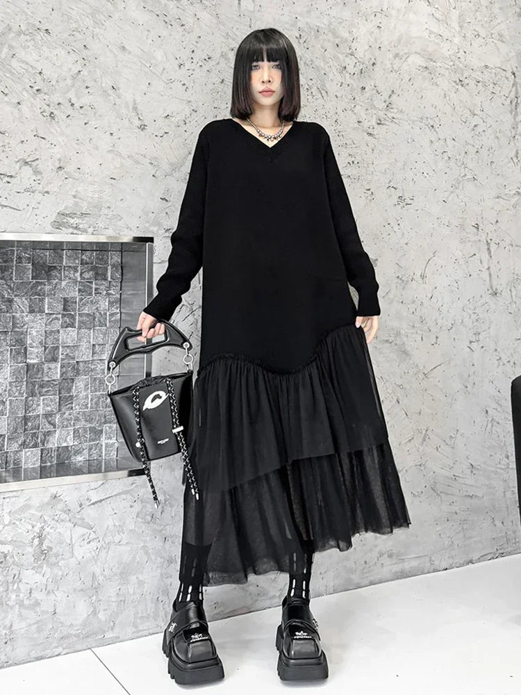 XITAO Mesh Patchwork Knitted Women Dresses Casual V-neck Long Sleeves Pullover Fashion New 2024 Autumn Female Dress GYX1057