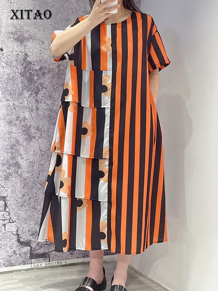 XITAO Asymmetrical Striped Patchwork Dress Loose Fashion Contrast Color O-neck T-shirt Dress Summer Simplicity New Women ZY8453