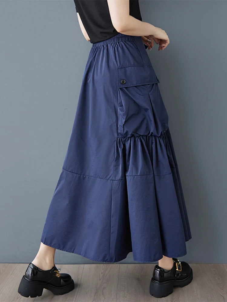 XITAO Casual Folds Big Pocket Female Skirt Simple Solid Color All-match Women Loose Fashion A-line Irregular Skirt GMM1299