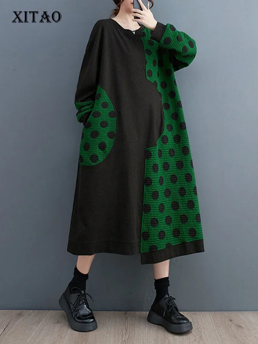 XITAO Long Sleeve Dress Irregular Contrast Color Dot Print Patchwork Women Loose A-line Dress Spring New Women ZZ0227