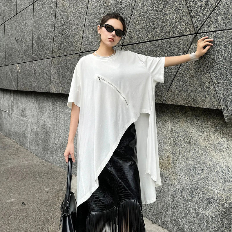 XITAO Asymmetrical Female T-shirt Personality Fashion Zipper Decorate Patchwork Women Loose Top 2024 Summer New T-shirt HQQ2321