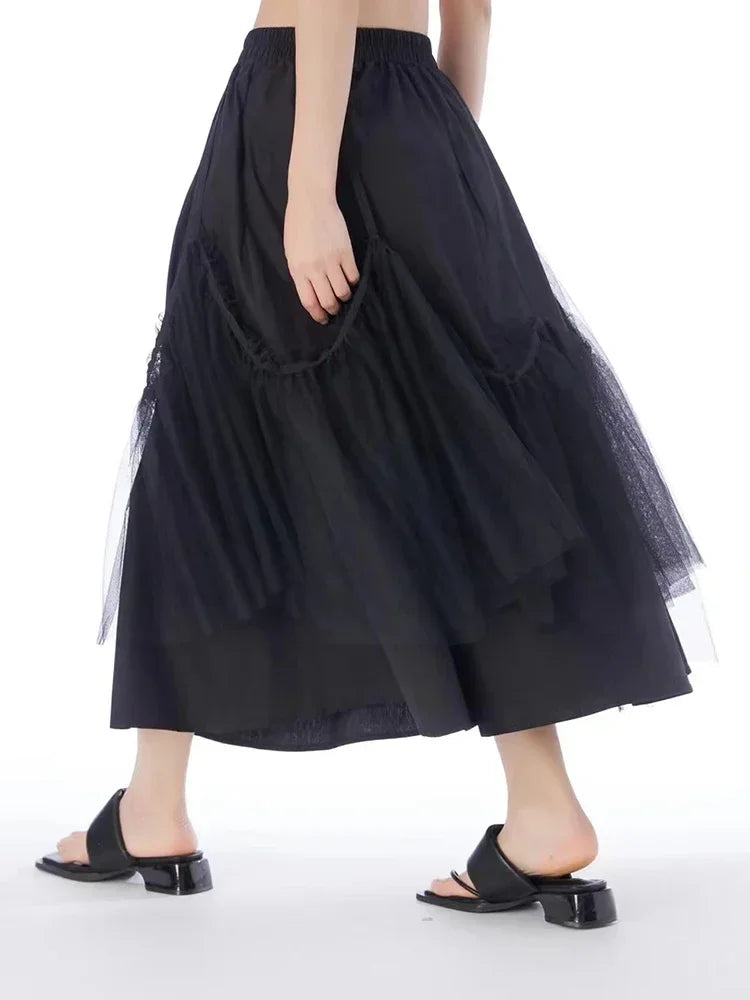 XITAO Mesh Black Skirt High Waist Solid Color Patchwork Minority Loose Elegant 2024 Summer Loose Casual Style Skirt WLD11307