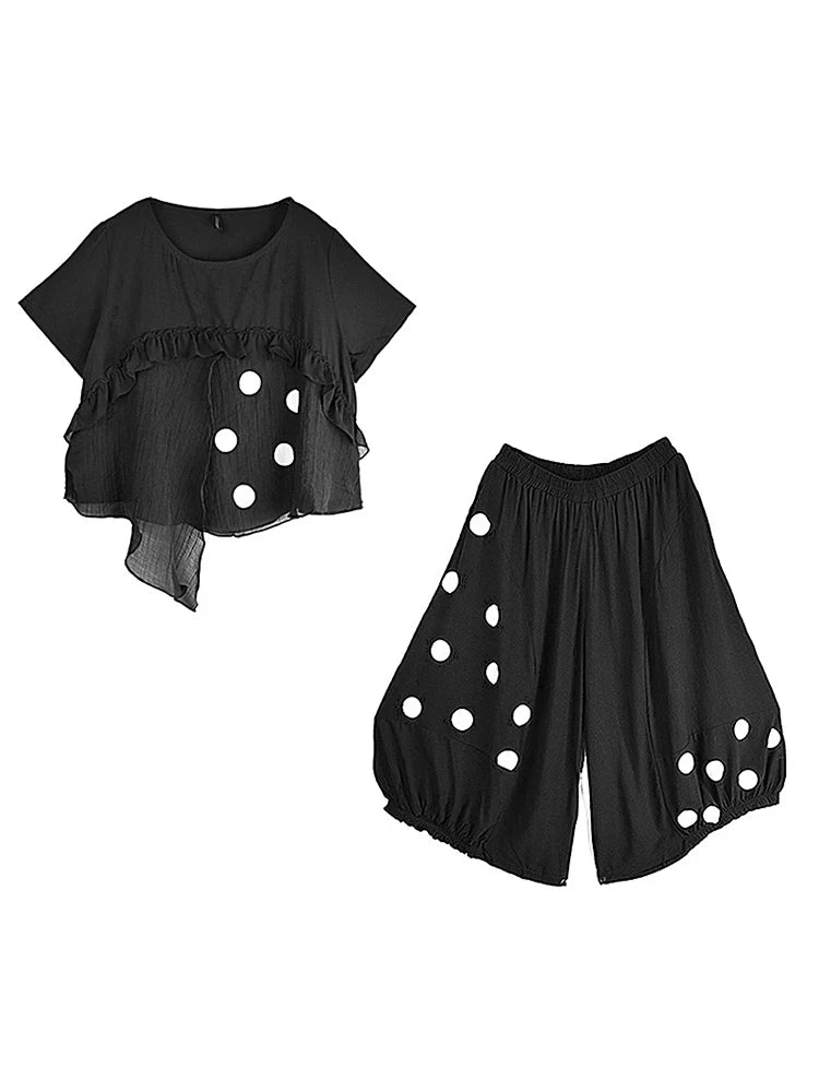 XITAO Edible Tree Fungus Asymmetrical Pant Sets Polka Dot Short Sleeve Loose Tops Elastic Waist Wide Leg Pants Summer ZY8717