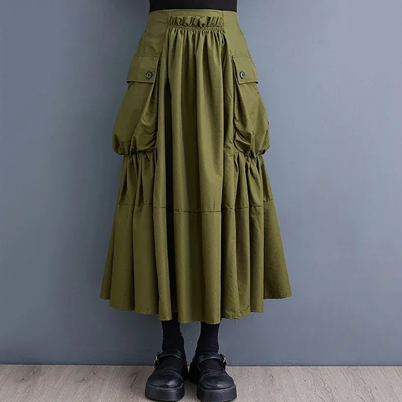 XITAO Personality Folds Patchwork Pocket Skirt Solid Color All-match Women Spring New Arrival Trend Street Wind Skirt LYD1228