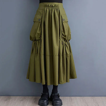 XITAO Personality Folds Patchwork Pocket Skirt Solid Color All-match Women Spring New Arrival Trend Street Wind Skirt LYD1228