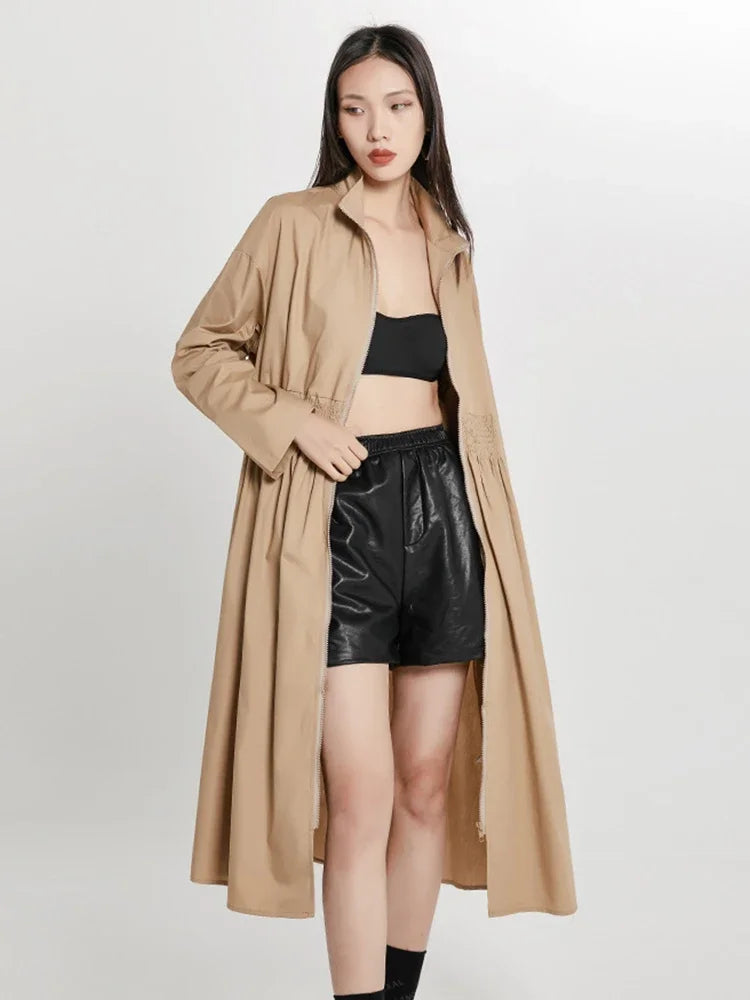 XITAO Solid Pleated Trench Women Summer New Arrival Personality Fashion Loose Turtleneck Full Sleeve Trench WLD6897