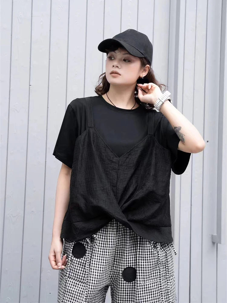 XITAO Folds Patchwork Short Sleeve T-shirts O-neck Solor Color Pullover Loose All Match Tops 2024 Summer New Fashion GJ1037