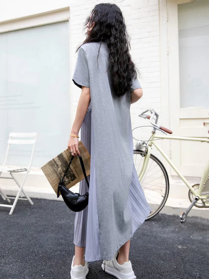 XITAO Spliced Pleated Dress Solid Color Loose Fashion Female New Pullover Short Sleeve O-neck Casual Summer Dress GJ1012