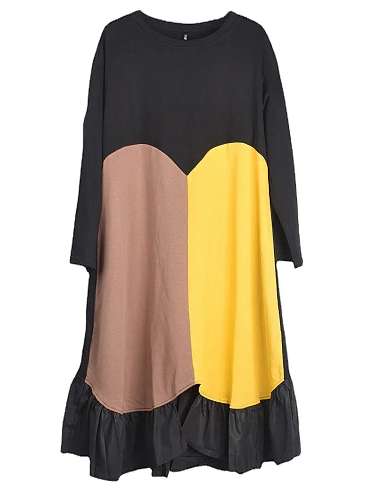 XITAO Loose Casual Dress Full Sleeve Asymmetrical Patchwork Fashion Contrast Color Women New All-match Dress DMJ2787