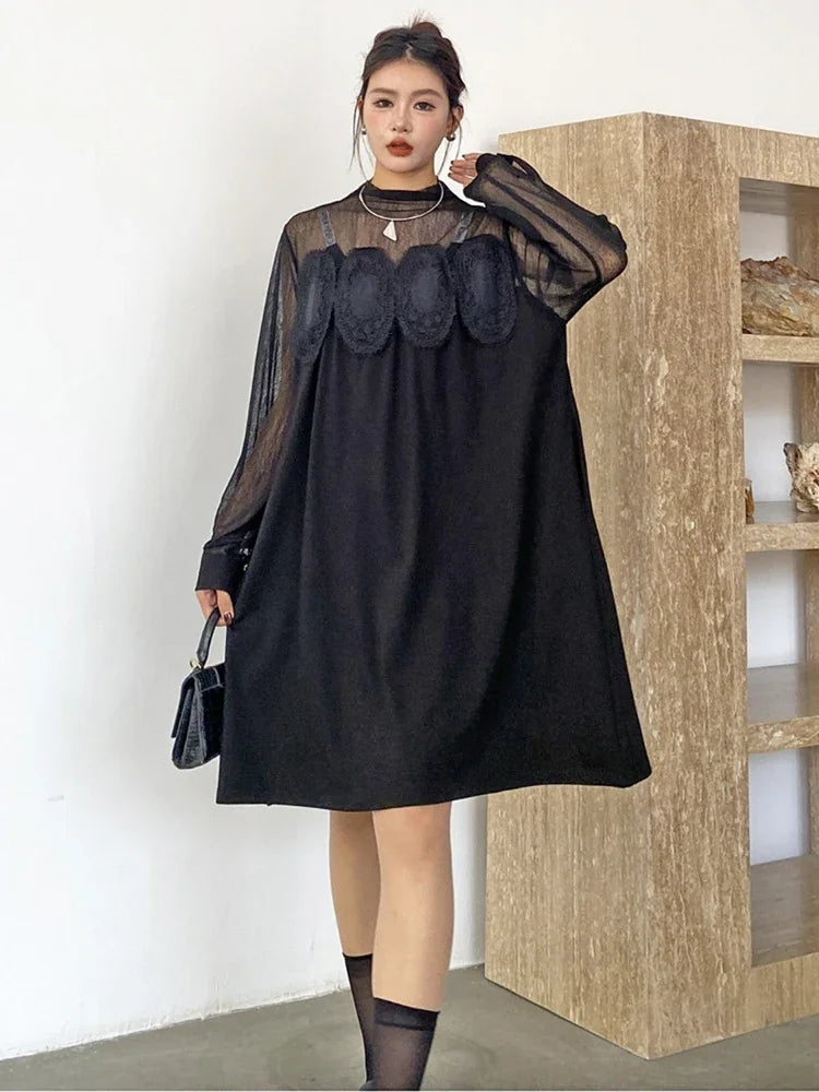 XITAO Casual A-line O-neck Knee-length Solid Color Full Sleeve Dress Mesh Patchwork Lace Slimming Autumn Women Dress GMM1139