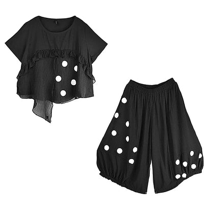 XITAO Edible Tree Fungus Asymmetrical Pant Sets Polka Dot Short Sleeve Loose Tops Elastic Waist Wide Leg Pants Summer ZY8717