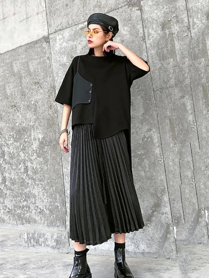 XITAO Black Two Piece Set Women Hlaf Sleeve Asymmetrical T-shirt Top Elastic Wasit Pleated Mid Calf Skirt Irregular Style WLD9510