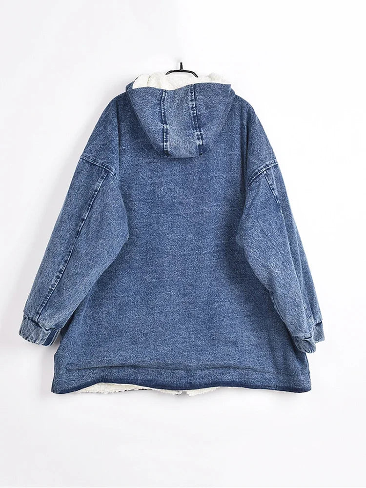 XITAO Plush Splicing Denim Coat Contrast Color Fashion Keep Warm Hooded Collar Coat Spring New Loose All-match WLD6572