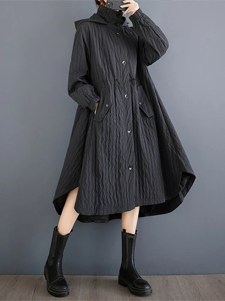 XITAO Solid Color Loose Hooded Trench Coat Europe Single Breasted Draw Rope Sliming Full Sleeve Fashion Mid-calf Trench ZYY1100