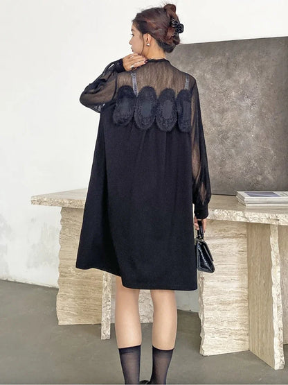 XITAO Casual A-line O-neck Knee-length Solid Color Full Sleeve Dress Mesh Patchwork Lace Slimming Autumn Women Dress GMM1139