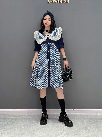 XITAO Peter Pan Collar Dress Fashion Dot Contrast Color Print Women Summer New Loose Single Breasted Cute Casual Shirt Dress ZY7256