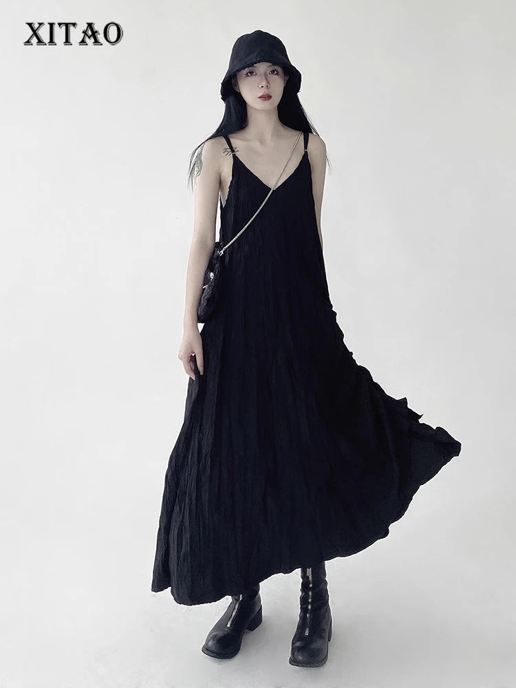 XITAO Black Folds Sleeveless Sling Dress Loose Fashion Sleeveless Simplicity Temperament Long Dress Summer New Women HQQ0867