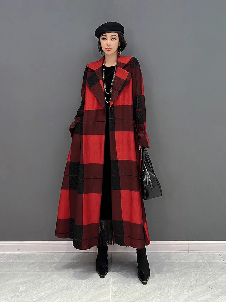 XITAO Plaid Bandage Women Tailored Coat Fashion Contrast Color Turn-down Collar Simplicity Coat Spring All-match New WLD13012