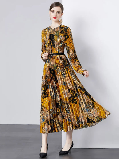 XITAO Loose Folds Print O-neck Dress Temperament Elegant Goddess Style Women Spring New Casual Long Sleeve Dress HQQ2164