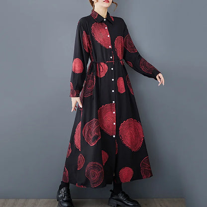 XITAO Print Flower Single Breasted Buckle Contrast Color Dress Fashion A-line Casual Full Sleeve Turn-down Collar Dress GMM1182