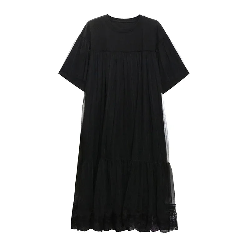 XITAO Black Mesh Patchwork Dress Slimming Elegant Temperament O-neck Loose Casual Fashion New Female A-line Dress LYD1856