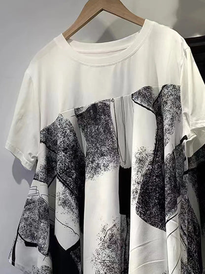 XITAO Loose Asymmetric Print Female T-shirts Casual All-match Trend Patchwork Women Summer New Simplicity O-neck Top GJ1020